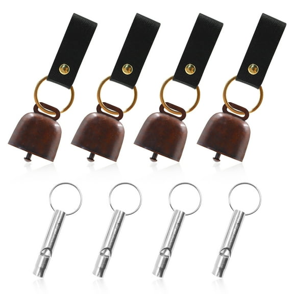 4Pcs Loud Bear Bells with Whistles and PU Leather Keychains, Bear Bells for Hiking and Loud Hiking Whistles, Cow Bells, Dog Bells, Safety Whistle for Camping Hiking Outdoor