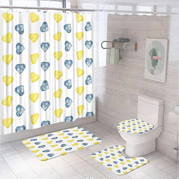 4Pcs Love Heart StShower Curtain Set 3D Valentine's Day Home Bathroom Decor Screen Non-Slip Bath Mat Toilet Cover Rug Carpet