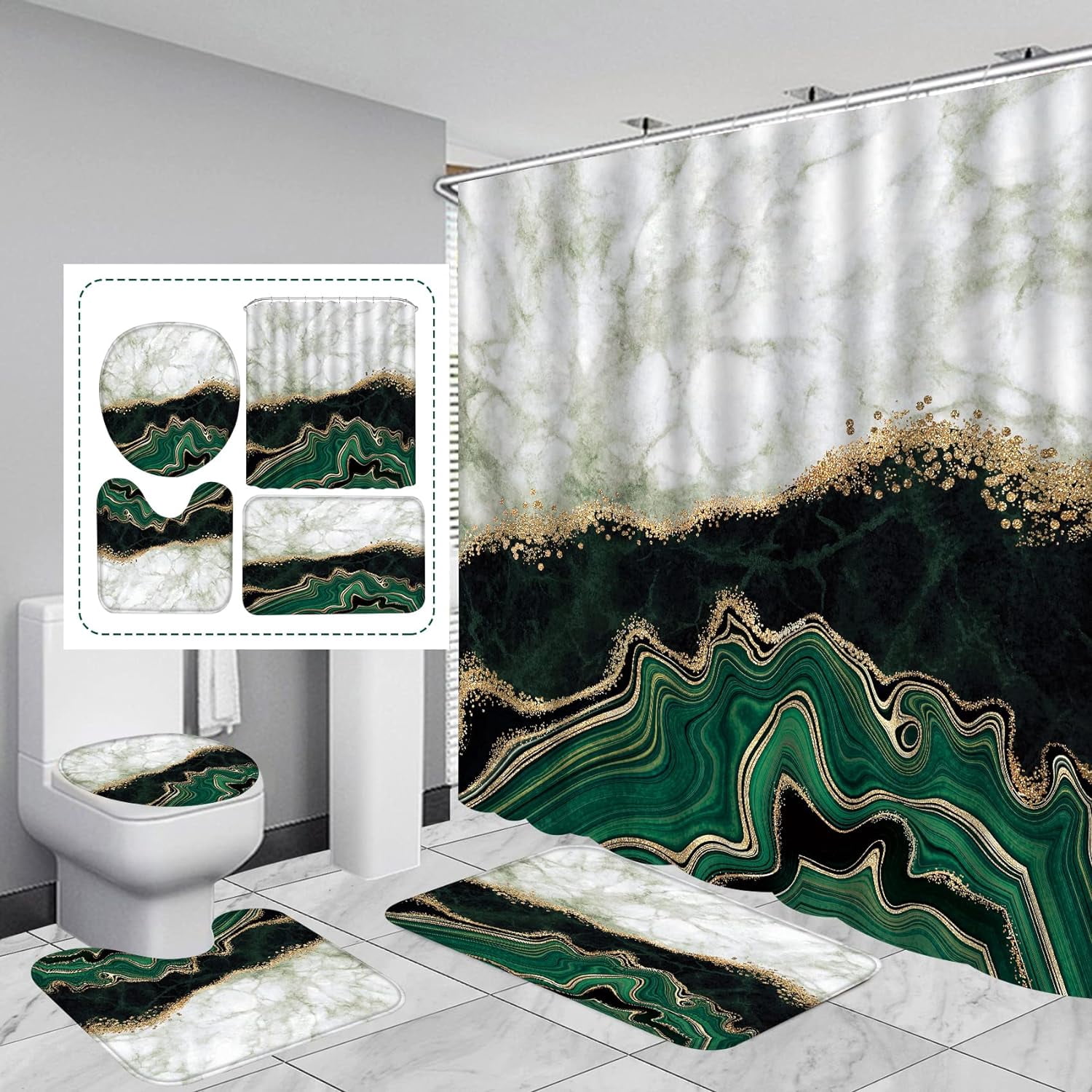 4Pcs Luxury Marble Shower Curtain Set Emerald Green Bathroom Curtain ...