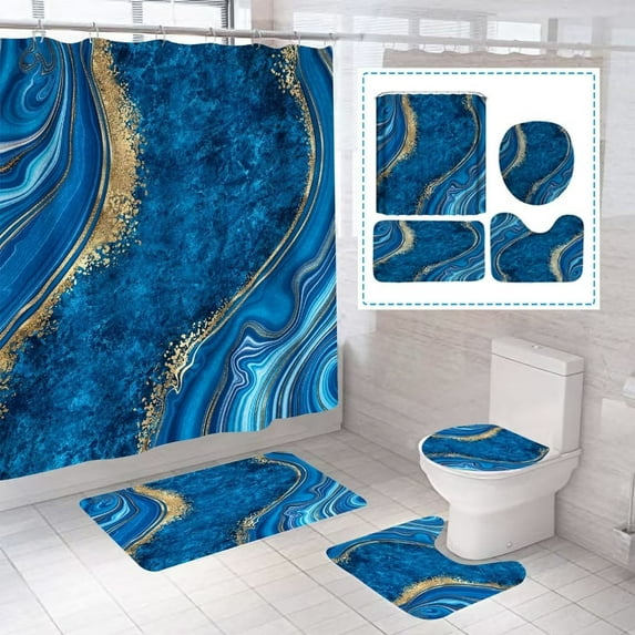 4Pcs Luxury Marble Shower Curtain Sets, Bathroom Set with Shower Curtain,Toilet Lid Rug, Contour Mat and Bath Mat, Shower Curtain with 12 Hooks for Bathroom Sets Decor 72 x 72 Inch, Blue