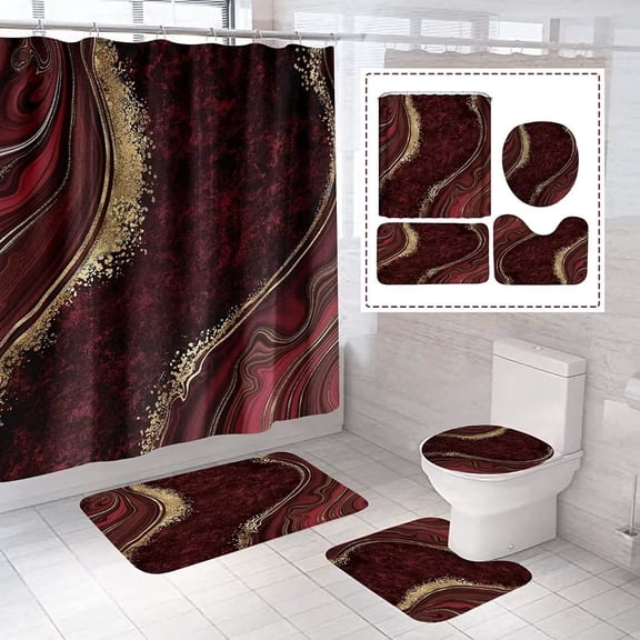 4Pcs Luxury Marble Shower Curtain Sets, Bathroom Set with Shower Curtain,Toilet Lid Rug, Contour Mat and Bath Mat, Shower Curtain with 12 Hooks for Bathroom Sets Decor 72 x 72 Inch, Red
