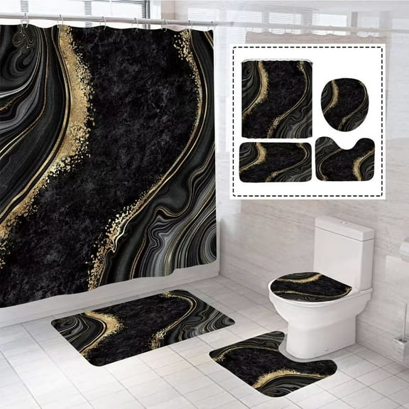 4Pcs Luxury Marble Shower Curtain Sets, Bathroom Set with Shower Curtain,Toilet Lid Rug, Contour Mat and Bath Mat, Shower Curtain with 12 Hooks for Bathroom Sets Decor 72 x 72 Inch, Black