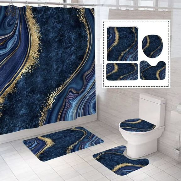 4Pcs Luxury Marble Shower Curtain Sets, Bathroom Set with Shower Curtain,Toilet Lid Rug, Contour Mat and Bath Mat, Shower Curtain with 12 Hooks for Bathroom Sets Decor 72 x 72 Inch, Navy Blue
