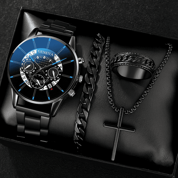4Pcs Luxury Mens Black Bracelet Watches Set Stainless Steel Quartz Watch with Calendar, Alloy Cross Necklace, Bracelet & Ring