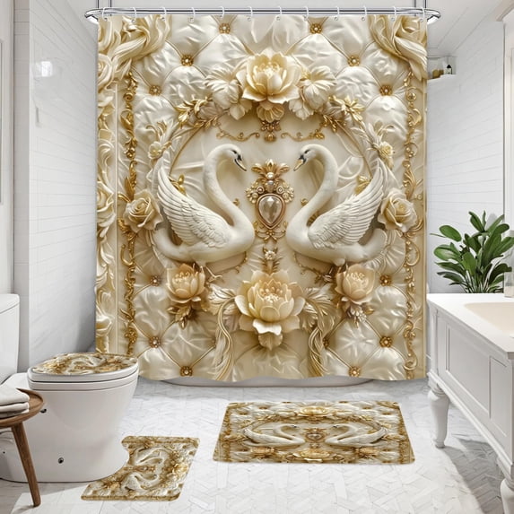 4Pcs Luxury Swan Reliefs Printed Shower Curtain Set with 12 Hooks Non-Slip Rugs,Toilet Lid Cover and Bath Mat, Stylish Bathroom Decor for Hotel & Home Bathroom