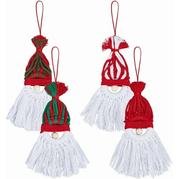 4Pcs Macrame Gnomes Santa Claus Kit 10.24 inch Handmade Woven Macrame Cotton Thread Santa Pendant Decorations with Wood Beads