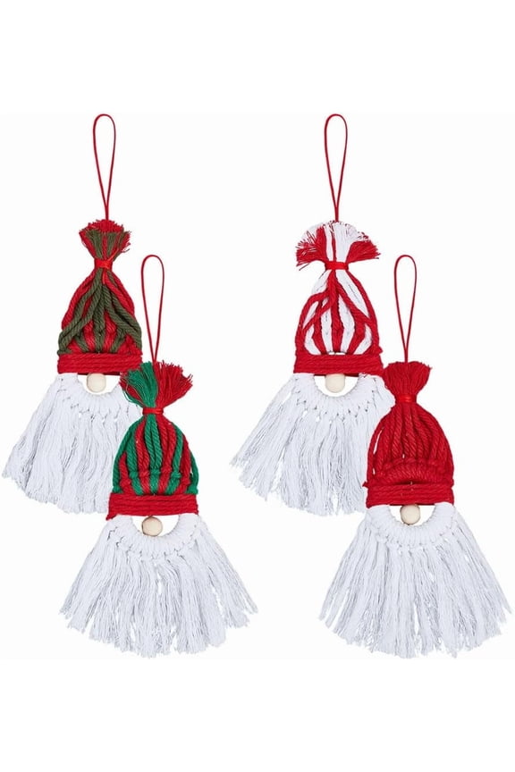 4Pcs Macrame Gnomes Santa Claus Kit 10.24 inch Handmade Woven Macrame Cotton Thread Santa Pendant Decorations with Wood Beads