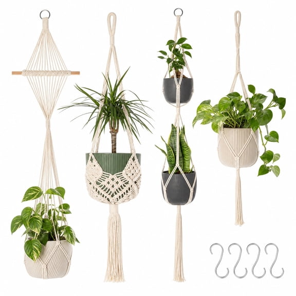 4Pcs Macrame Plant Hangers, Boho Hanging Planter Baskets with S Hooks, Cotton Rope Plant Holders for Indoor Home Balcony Decor
