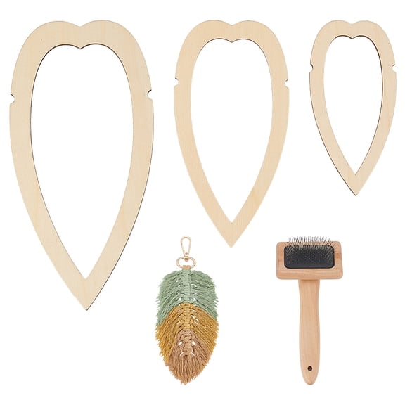 4Pcs Macrame Supplies Set Wooden Macrame Leaf Template 3Pcs Cutting Molds and 1Pcs Stainless Steel Comb for Making Macrame Feather Tassel Slim