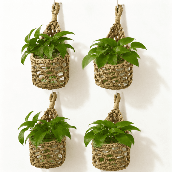 4Pcs Macrame Wall Hanging Plant Holder Hanging Planter Basket for Indoor Plants, Fits Up to 4 Inch Pot, Handmade Cotton Cord, Boho Wall Decor (Brown)