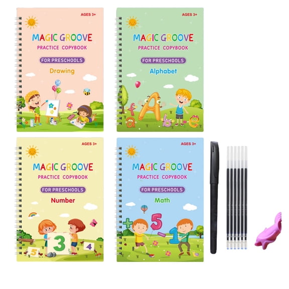 4Pcs Magic Practice Copybook, Handwriting Practice Book 4 Pack with Pen Refill English Cursive Calligraphy Reusable Age 3-8