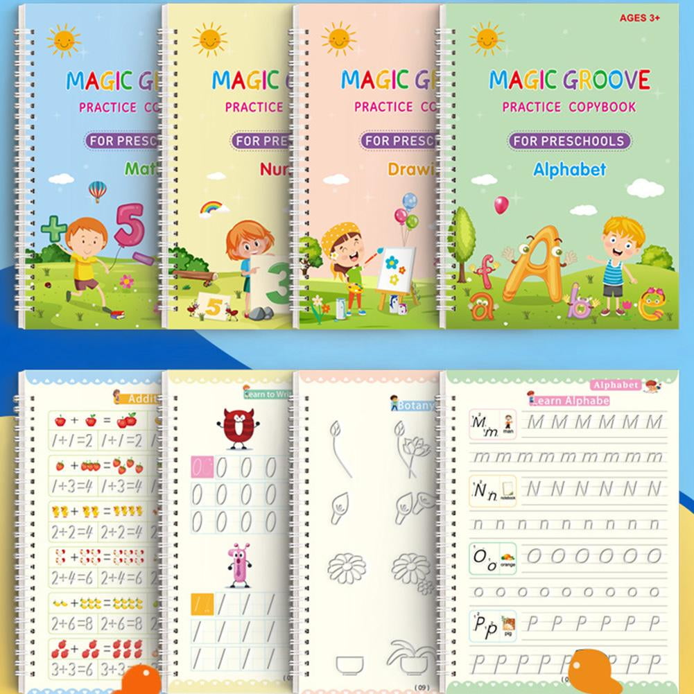 Yammi Reusable Handwriting Book Practice - Magic Copybook for Kids 3-8, Calligraphy Writing Practice Book with Grooved Pages and Magical Pen Refills(4