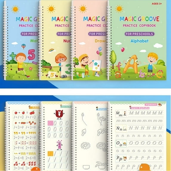 4Pcs Magic Practice Copybook, Handwriting Practice Book 4 Pack with Pen Refill English Cursive Calligraphy Reusable Age 3-8
