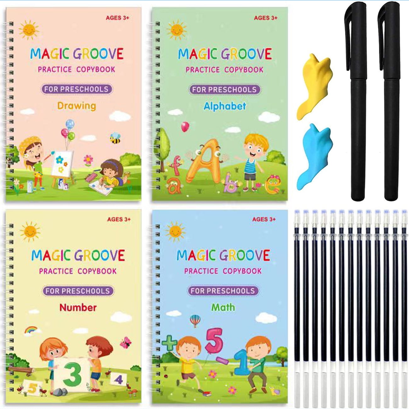 4Pcs Magic Practice Copybook for Kids, Handwriting Practice Book 4 Pack  with Pen Refill English Cursive Calligraphy Reusable Age 3-8 