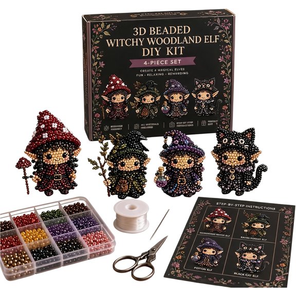 4Pcs Magical Elf-l Diy 3D Beaded Kit for Teens Adults Beginners Home Decor Gift Handmade Beading Craft Set with Colorful Beads & Instructions