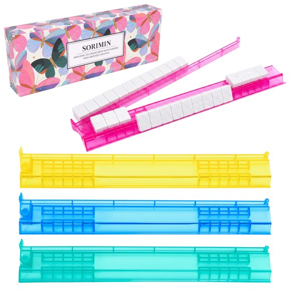 4Pcs Mahjong Rack with Pusher, Heavy Duty Clear Acrylic Mahjong Tray Integrated Smooth Sliding Track for Home Party