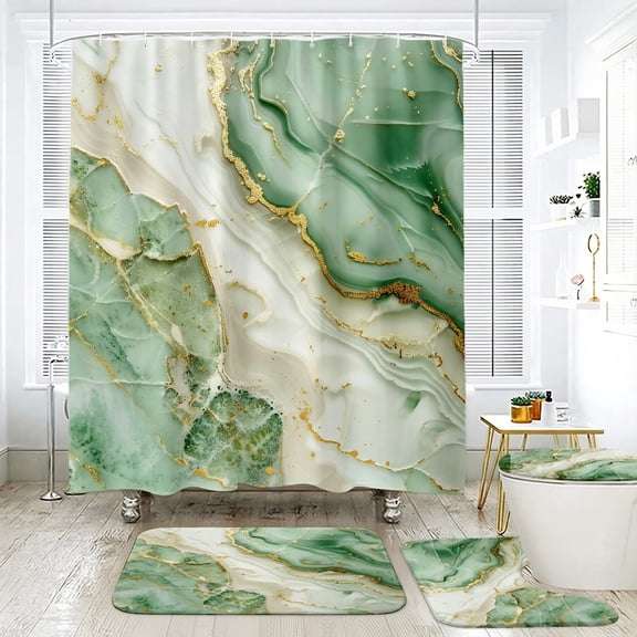 4Pcs Marble Pattern Bathroom Sets, 70 Inch Shower Curtain and Rugs Accessories with Non-Slip Rugs Toilet Lid Cover and Bath Mat