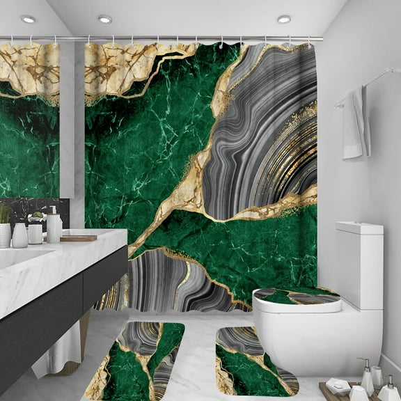 4Pcs Marble Shower Curtain Sets, Bathroom Decor Sets, Luxury Shower Curtain with 12 Hooks, Bath Mat, Toilet Lid Rug and Non-Slip U Shape Mat Accessories Marble Print, 72 x 72 Inch, Green