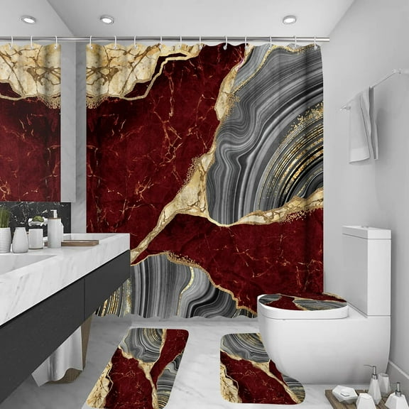 4Pcs Marble Shower Curtain Sets, Bathroom Decor Sets, Luxury with 12 Hooks, Bath Mat, Toilet Lid Rug and Non-Slip U Shape Mat Accessories