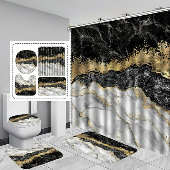 4Pcs Marble Shower Curtain Sets, Bathroom Sets with Shower Curtain and Rugs and Accessories, Rug Toilet Lid Cover and Non-Slip U Shape Mat, Waterproof Black Shower Curtain with 12 Hooks, 72" x 72"