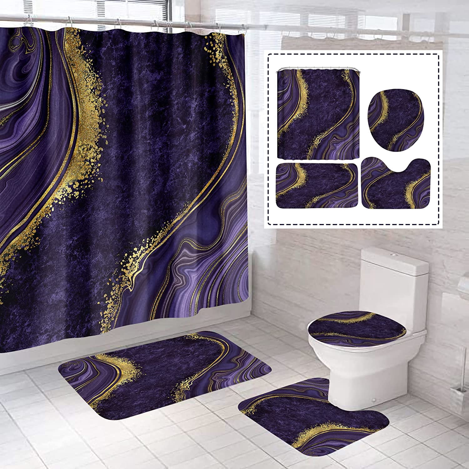 4Pcs Marble Shower Curtain Sets, Bathroom Sets with Shower Curtain ...