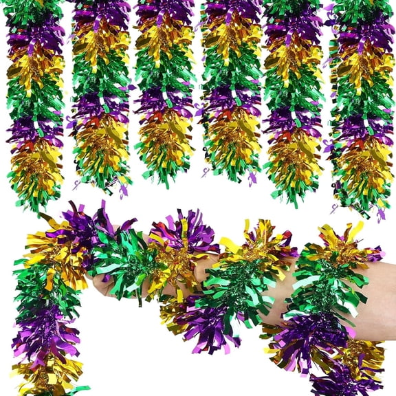 4Pcs Mardi Gras Tinsel Garland Decoration 26.2ft Green Purple and Gold Metallic Festooning Garland Mardi Gras Decorations for Tree Shiny Hanging Ornament for Carnival Party Indoor Outdoor