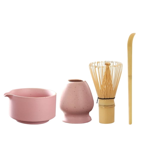 Matcha Whisk Set Kit 4-Piece Pink Ceramic Matcha Tea Bowl and Whisk with Bamboo Shaker Tea Ceremony Making Accessories
