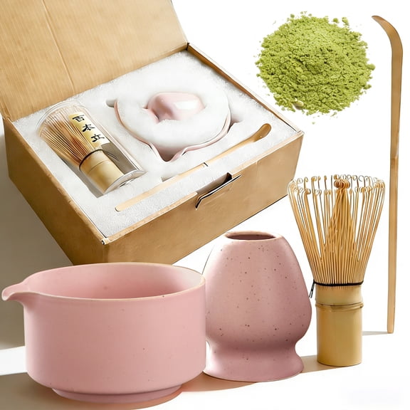 Matcha Whisk Set Kit 4-Piece Pink Ceramic Matcha Tea Bowl and Whisk with Bamboo Shaker Tea Ceremony Making Accessories