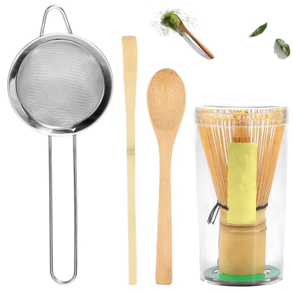 4Pcs Matcha Whisk Set Reusable Matcha Tea Set Japanese Whisk Set Handmade Bamboo Matcha Whisk Traditional Tea Scoop Deep Scoop Stainless Steel Tea Strainer for Tea Lovers