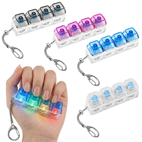 4Pcs Mechanical Keyboard Fidget Toy with LED Light Portable Keyboard Finger Clicker Button Toy with Keyboard Keychain for Home Office Birthday Present