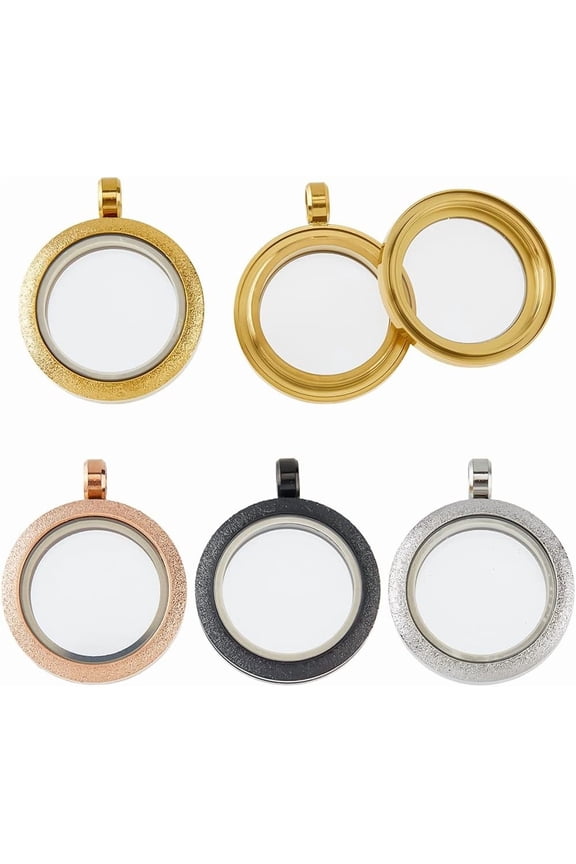 4Pcs Memory Locket Charms 4 Colors Stainless Steel Locket Pendants Matte Round Picture Photo Charms Pendant