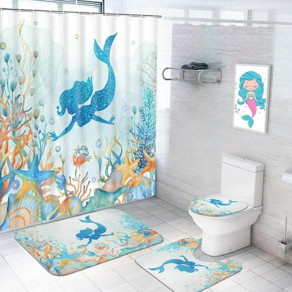 Mermaid Theme Shower Curtain Sets 4-Piece Waterproof Polyester 72x72 Inch, Ocean Inspired Design with Non-Slip Bath Mat, Whimsical Bathroom Decor Includes 12 Hooks​