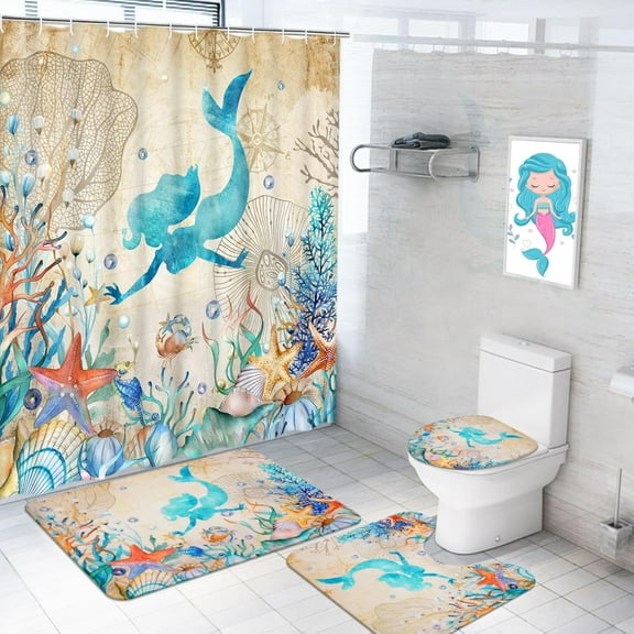4Pcs Mermaid Shower Curtain Sets with Rugs, Ocean Girls Bathroom Set with Shower Curtain and Rugs, Blue Fantasy Fairy Tales Bathroom Sets Decor for Women
