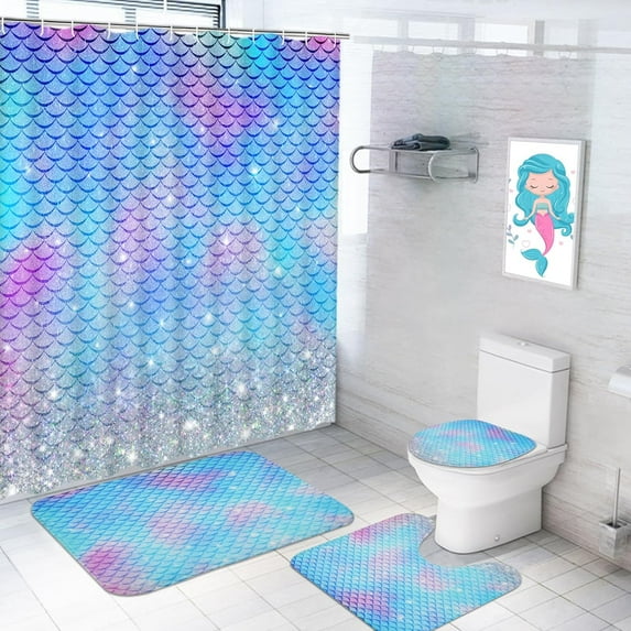 4Pcs Mermaid Rainbow Kids Shower Curtain Sets with Rugs, Blue Bling Glitter Girls Bathroom Set with Shower Curtain and Rugs, Ocean Themed Bathroom Sets Decor for Women