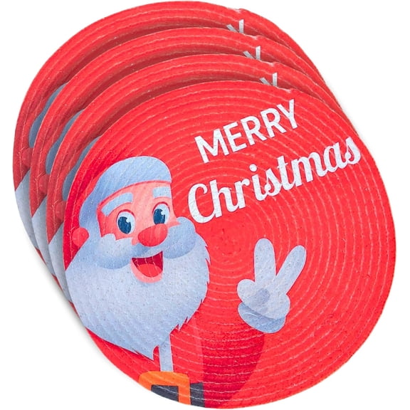4Pcs Merry Christmas Cotton Rope Woven Placemats – 15 Inch Round Dining Mats with Santa Claus Print, Holiday Table Décor for Parties, Cafes & Kitchen (Red-White)