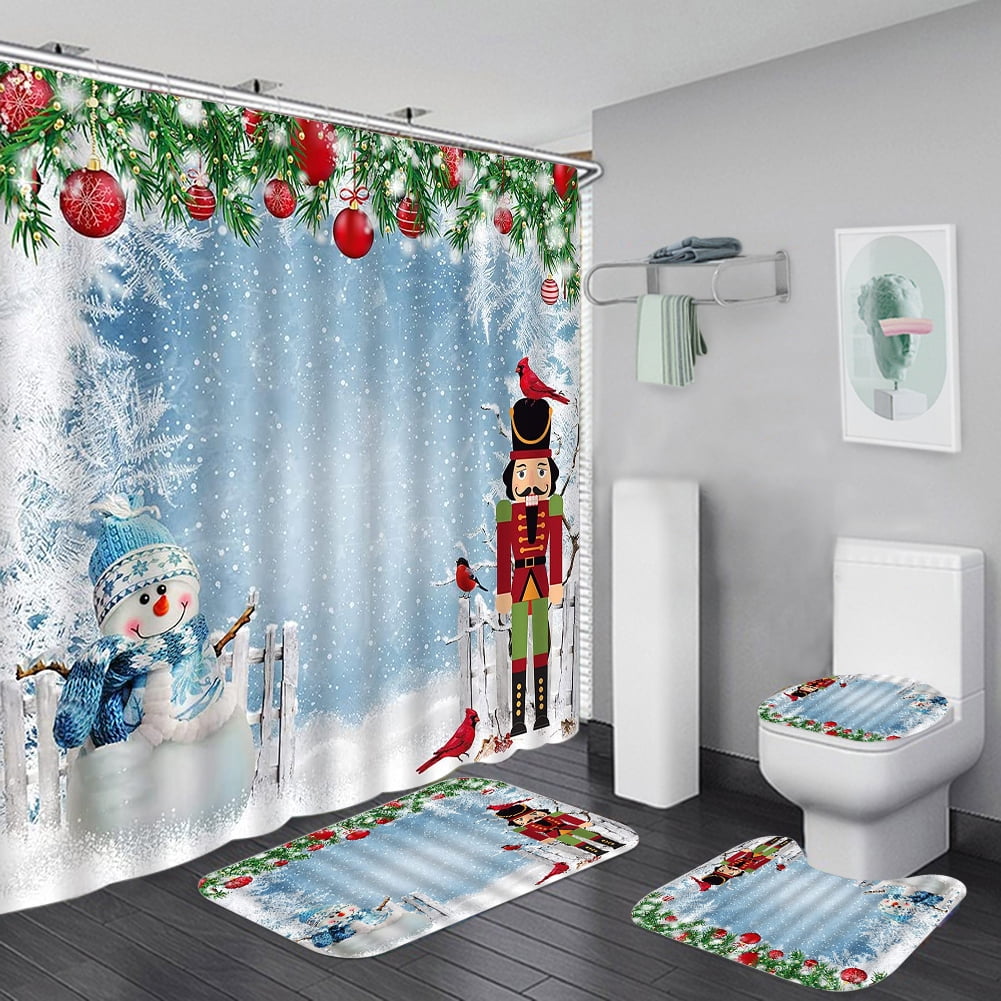 4Pcs Merry Christmas Shower Curtain and Rug Set Xmas Santa Claus Elk Snowman Christmas Tree