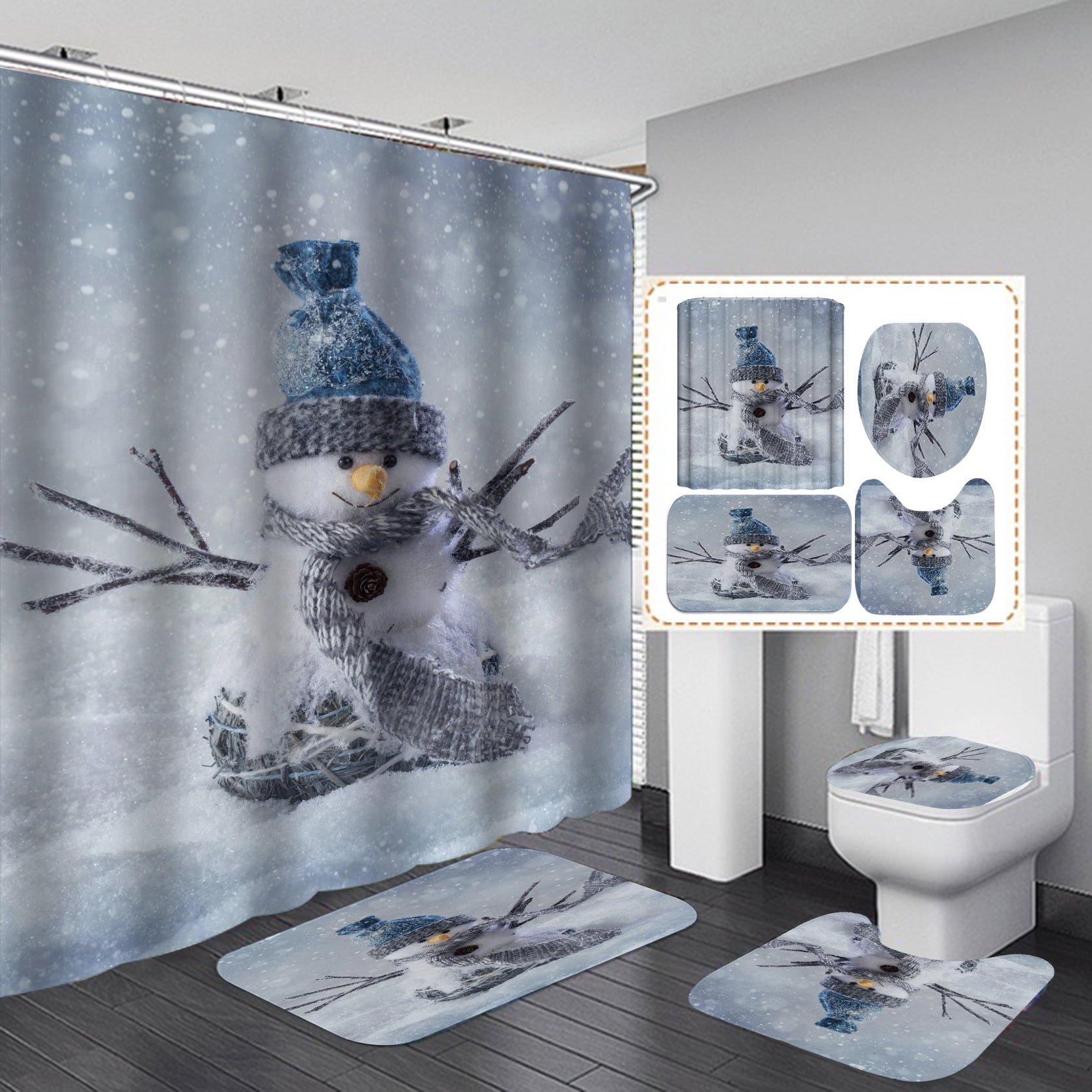 4Pcs Merry Christmas Snowman Shower Curtain Set with 3PCS NonSlip