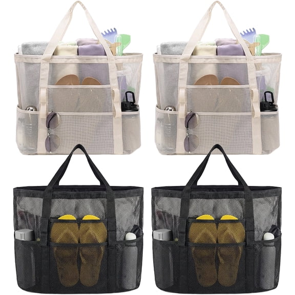 4Pcs Mesh Beach Bags with Zipper Pocket, Large Beach Tote for Cruise Family Travel Pool Vacation Essentials (2 Black + 2 Beige)