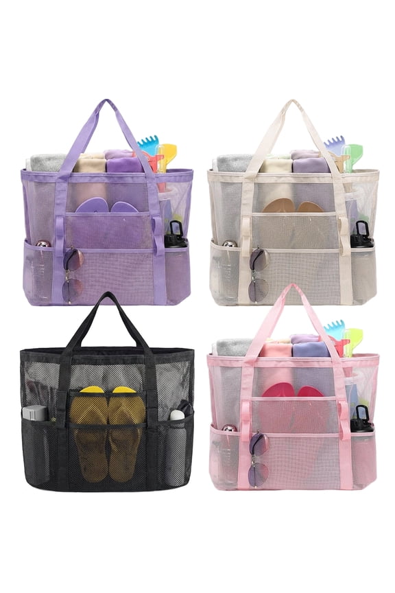 4Pcs Mesh Beach Bags with Zipper Pocket, Large Beach Tote for Cruise Family Travel Pool Vacation Essentials (Black + Beige + Pink + Purple)