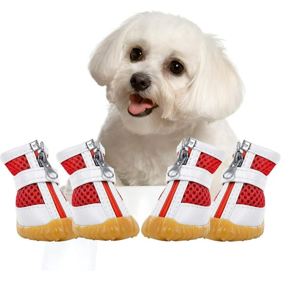 4Pcs Mesh Dog Shoes Dog Boots, Breathable Dog Shoes for Small Dogs, Waterproof Puppy Booties Sandals with Anti-Slip Sole and Zipper, Dog Shoes for Hot Pavement Durable Pet Paw Protector