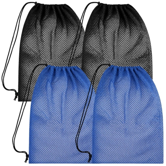 4Pcs Mesh Gear Bag for Snorkel, 19" x 27" Large Mesh Swim Bag, Polyester Dive Bag, Drawstring Snorkel Backpack for Snorkeling Trip, Wetsuits, Swimming Gear, Beach and Sports Equipment (Black & Blue)