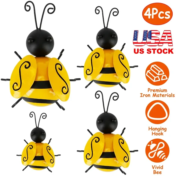 4Pcs Metal Bumble Bee Decor Cute Bee Wall Art Home Garden Hanging Outdoor Decor