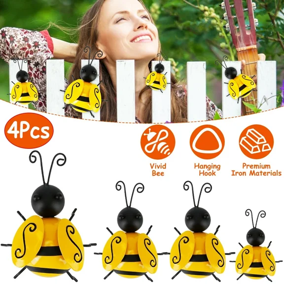 4Pcs Metal Bumble Bee Ornament 3D Art Hanging Bee Garden Fence Lawn Wall Decor