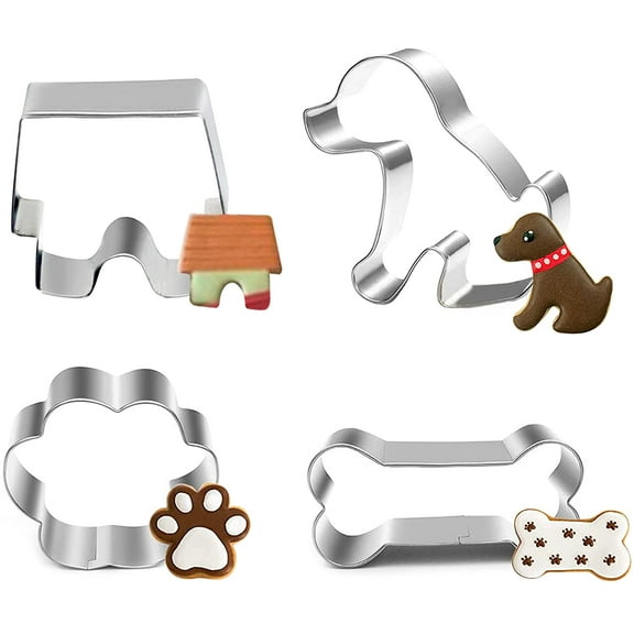 4Pcs Metal Cookie Cutters Set Fun Stainless Steel Biscuit Molds (Dog, Paw Print,Dog House,Dog Bone) for Kitchen, Baking &Decorative Food, Kids, Holiday Party, Pet Theme Homemade Treats