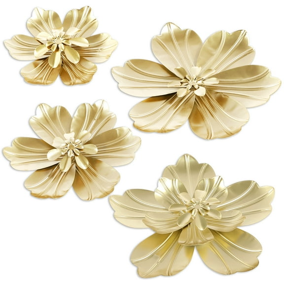 4Pcs Metal Flowers Wall Decor Fashion Creative Gold 3D Flower Wall Art Floral Door Hanging Ornament for Door Office Bedroom