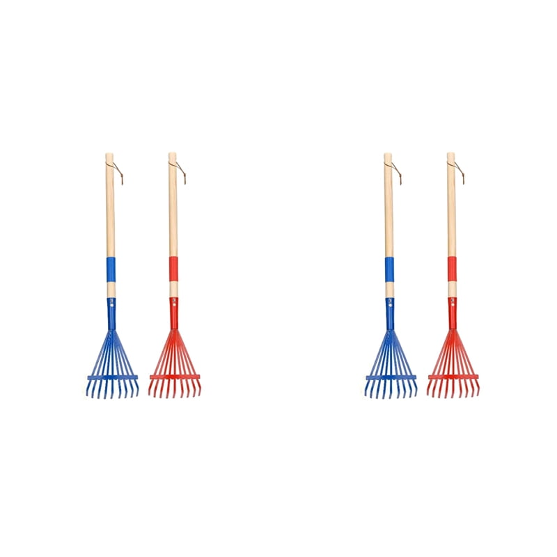 4Pcs Metal Kids Rakes with Hardwood Handle 27 Inch Small Rake for Gardening Mini Rake for Kids Garden Lawn Yard Tools