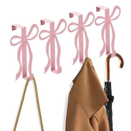 4Pcs Metal Pink Bow Over the Door Hook for Cabinet Living Room Bathroom Bedroom Kitchen Hanging Clothes Towels Hats Coats Bags