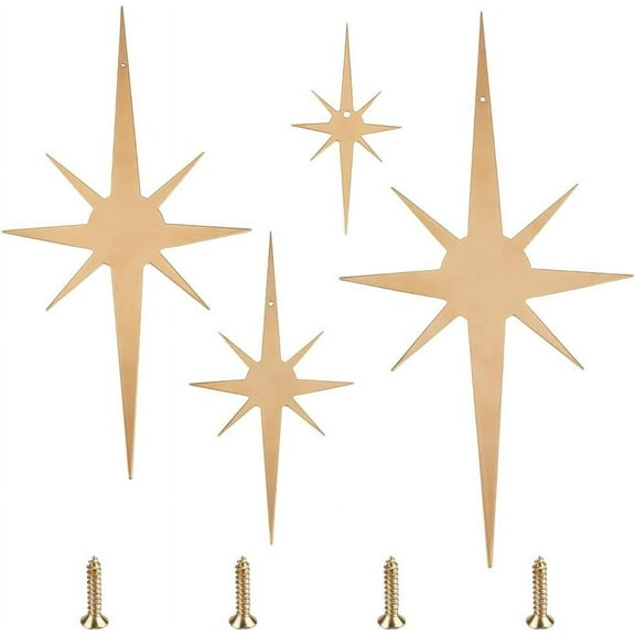 4Pcs Metal Star Wall Decor 8 Pointed Atomic Stars Wall Hangings 3.9/7.9/11.8/13.7 Inch Mid Century Modern Decor Iron Star Wall Accents with Screw
