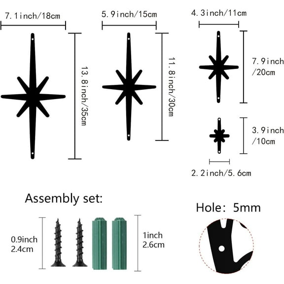 4Pcs Metal Star Wall Decor Black Starburst Wall Art Decor 8 Pointed Atomic Stars Sculptures Wall Hanging Decor for Modern Home Accent Office Living Room Bedroom Indoor Outdoor