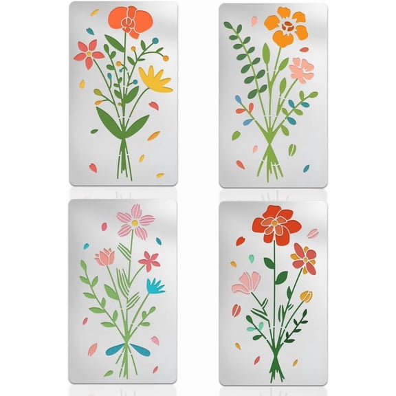 4Pcs Metal Stencil Bouquets Stencils for Painting Wood Burning Stainless Steel Reusable Template Four Season Theme Flower Template for DIY Scrapbooking Drawing Carving Engraving DIY Making